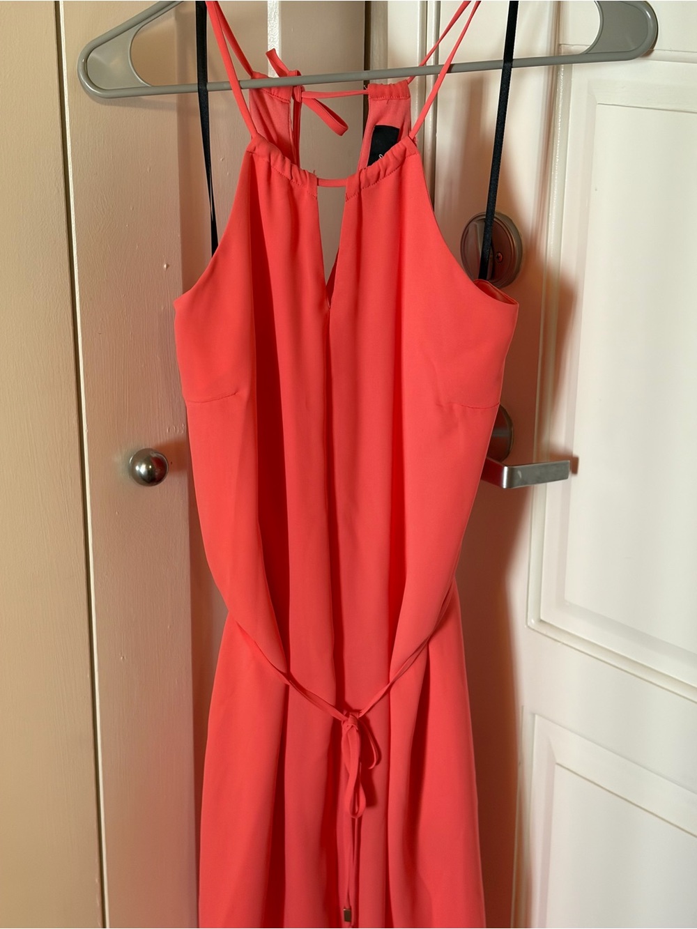 Strapless Halter Neck Coral-Red Dress with Tie Waist